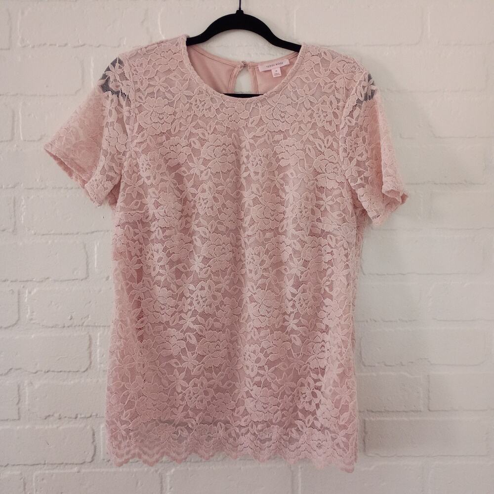 Floral Velvet Lace Blouse Scalloped Hem Blush Pink Women Sz M Coquette Chic